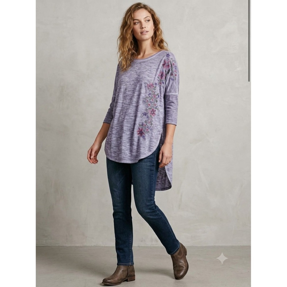 Billy T Embroidered Shirt Hi Low Tunic Sz S Mineral Wash Floral Whimsical NWT